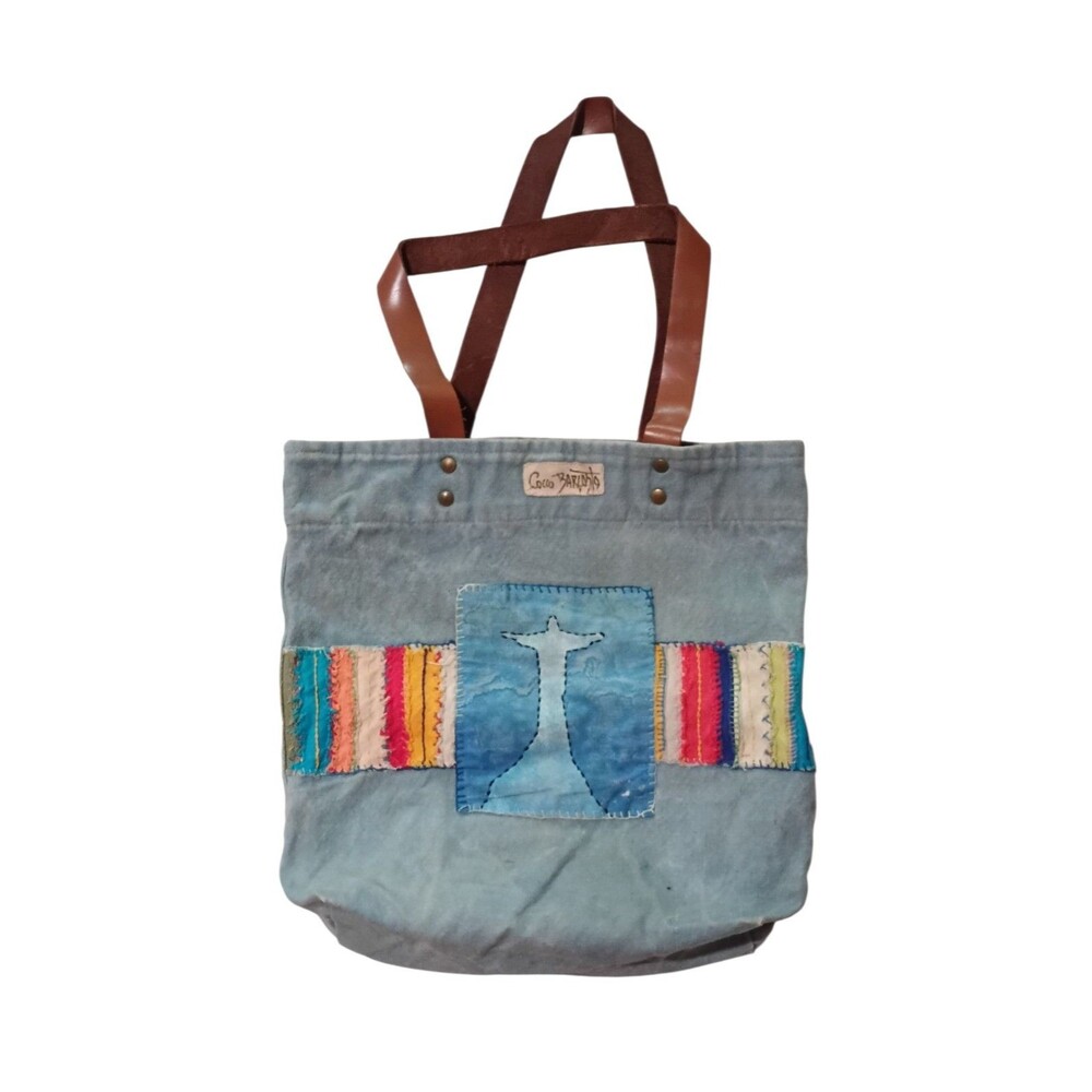 Upcycled Canvas "Rio de Janeiro" Boho Tote Bag with Leather Straps